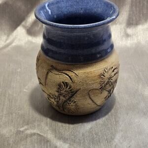 Studio Art Pottery Blue and Brown Sand Like 5in Vase Signed